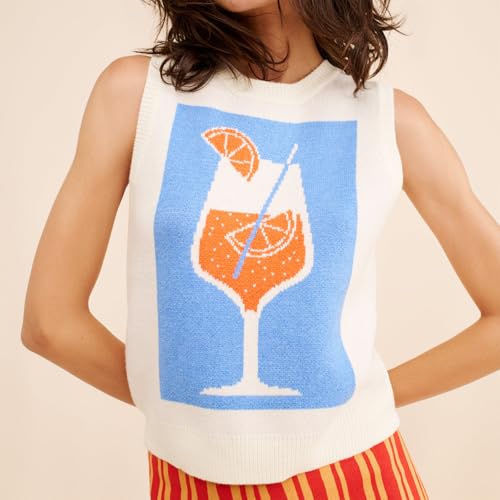 Women Y2k Graphic Sweater Vest Contrast Color Sleeveless Lobster Sweater Top Cute Crew Neck Knitted Tank Top2