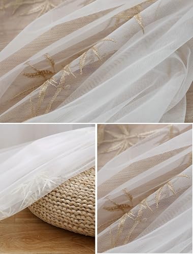 Rideaux transparents blancs avec œillets brodés feuille traitement fenêtre - 5