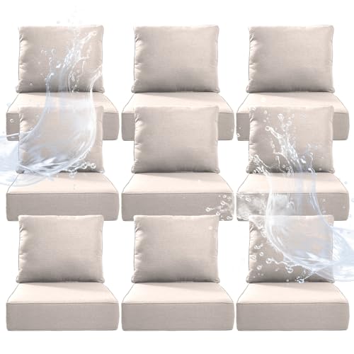 Artfurniz 6" Thicker Outdoor Chair Cushion 9 Sets - 24" *24" *6" Waterproof Patio Furniture Cushions with Removable Cover, 28D High Density Sponge Filling Thicken Outdoor Patio Cushions - Beige