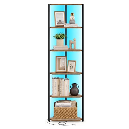 VASAGLE Estanteria Esquinera de 6 Niveles, Librería con Iluminación LED Ajustable, Estantería con Marco de Acero, 24,8 x 48 x 182,1 cm, para Salón, Dormitorio, Estudio, Marrón Rústico LBC591KD01