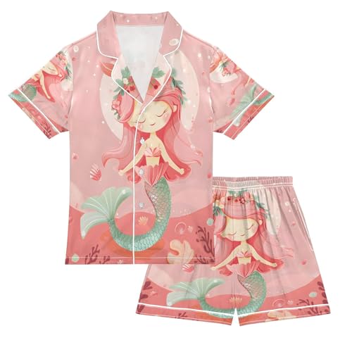 ALAZA Mermaid Coral Reef Satin Pajamas Set Short Sleeve Button Down Sleepwear Summer Pjs 2 Piece