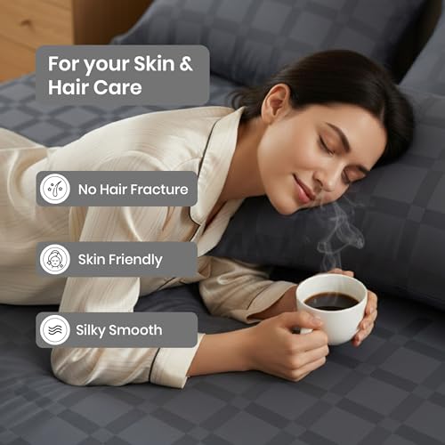 Image of Mush Satin Bedsheet King Size with 2 Pillow Case | 400 TC Bedsheets for King Size Bed | Cooling, Soft & Breathable Satin Bed Sheet, Premium Bedsheets Kingsize (Dark Grey, Jacquard Collection)