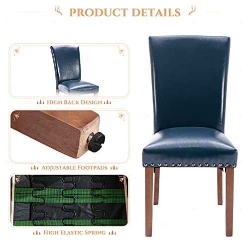 Image of Parsons Dining Chairs Set of 6, Upholstered Nailhead PU Leather Dining Room Kitchen Side Chair with Thick Cushions and Wood Legs, Blue