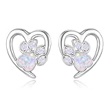 S925 Sterling Silver Studs Earring for Women Teens Girls - Cute Cat Little Puppy Dog Paw Studs Earrings, Stylish October Pink Opal Love Heart Earring Jewellery Gifts for Pet Lovers Birthday Christmas