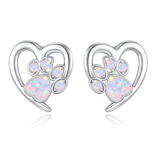 S925 Sterling Silver Studs Earring for Women Teens Girls - Cute Cat Little Puppy Dog Paw Studs Earrings, Stylish October Pink Opal Love Heart Earring Jewellery Gifts for Pet Lovers Birthday Christmas