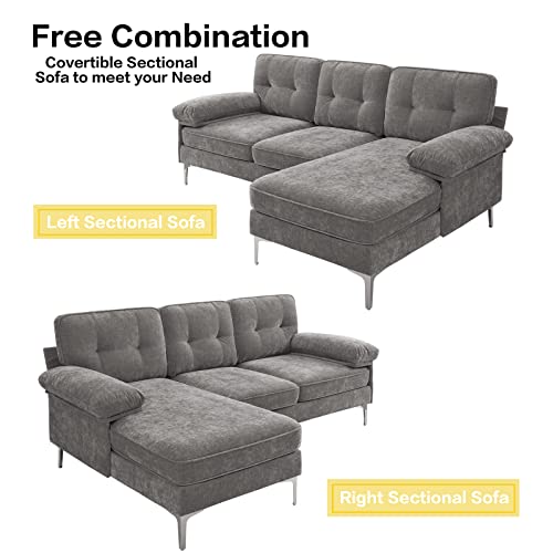 TEKAMON 82.7\" Sectional Sofa Couch with Chaise, 3 Seats L Shape Reversible Sofa, Comfy Modern Chenille Fabric Convertible Couch for Living Room, Apartment, Small Spaces with Removable Covers, Grey