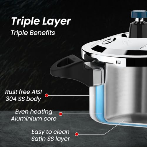 Image of Ultra Triply Krono Pressure Cooker 3 Litre | Whistle Counter | Spillage Control | AISI 304 Food Grade Stainless Steel Cooker | 5 Years Warranty | 1.2 MM Lid Thickness | Induction Compatible