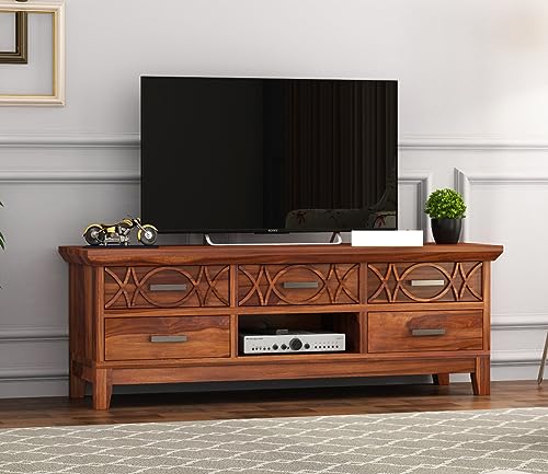 Image of Rustic Solid Sheesham Wood TV Unit Chest of Drawers for Living Room - 5 Drawers and 1 Shelf Storage - Accommodates up to 65-Inch TV (Jace, Honey Finish)