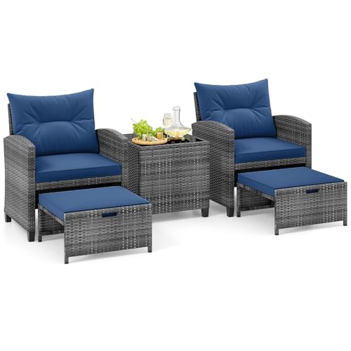 Tangkula 5 Piece Patio Rattan Furniture, Wicker Cushioned Chairs Set w/ 2 Ottomans & Tempered Glass...