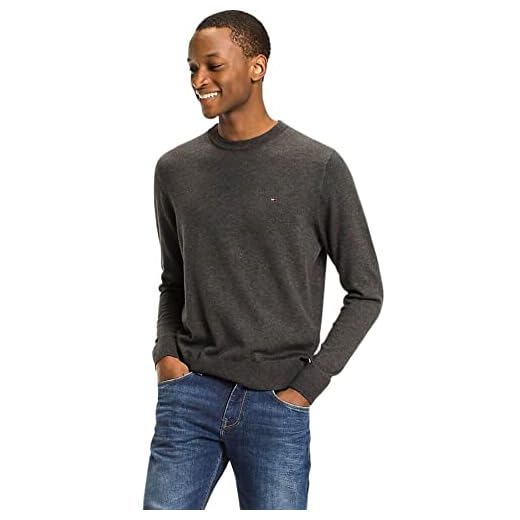 Tommy Hilfiger Herr Core bomull – siden cneck jumper, Grå (Charcoal Htr 093), M