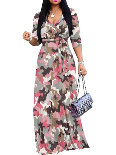 Image of Plus Size Dresses for Women Print Maxi Dresses 3 /4 Sleeve with Belt