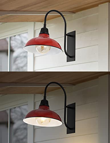 Image of JONATHAN Y 12.25 inch Red /Black 1-Light Farmhouse Gooseneck Outdoor Wall Sconce Lamp, with Black Metal Bowl Shade, Industrial Iron LED Porch Light for Patio Garage Entryway (JYL7614E)