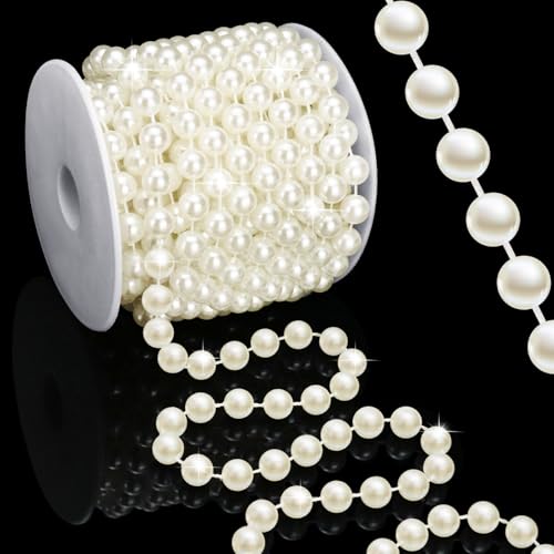 Towenm 16 Feet 10mm Pearl Strings Garland for Crafts, Artificial Pearl Beaded Trim Chain Roll Strands for Wedding Centerpieces Bouquet Party Decoration Christmas Tree Garland, Ivory