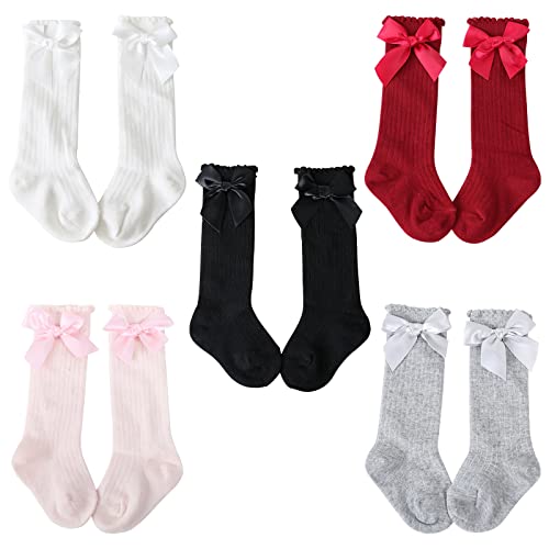 Dsaren 5 Paars Mädchen Kniestrümpfe Socken Baby Overknees Strümpfe Baumwolle Kniehohe Socken Kinder mit Schleifen für Kleinkind Jungen Stulpen Lange Socken (M) Cover