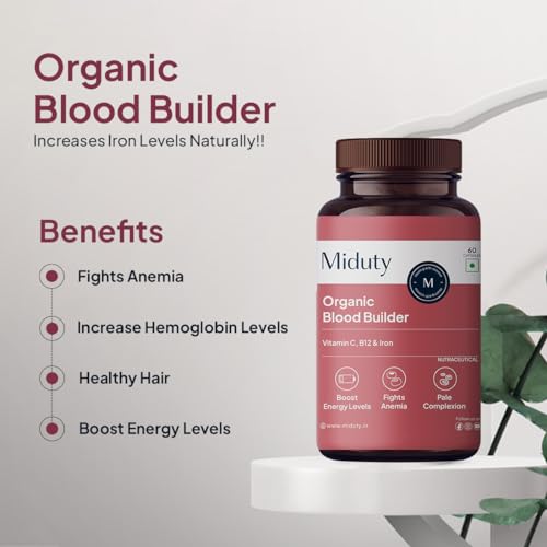 Miduty Organic Blood Builder Anemia Supplement with Green Amla, Barley Leaves, Beet Root to Support Iron Deficiency | Hemoglobin Booster & Non Constipating Iron Supplement - 60 Capsules