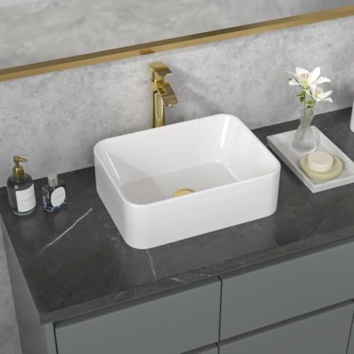 Sarlai Bathroom Vessel Sink Ceramic Cloakroom Sink Modern Small Porcelain Wash Basin Above Counter Gloss White Rectangular Vanity Sink Lavatory Basin 400x300x130 mm