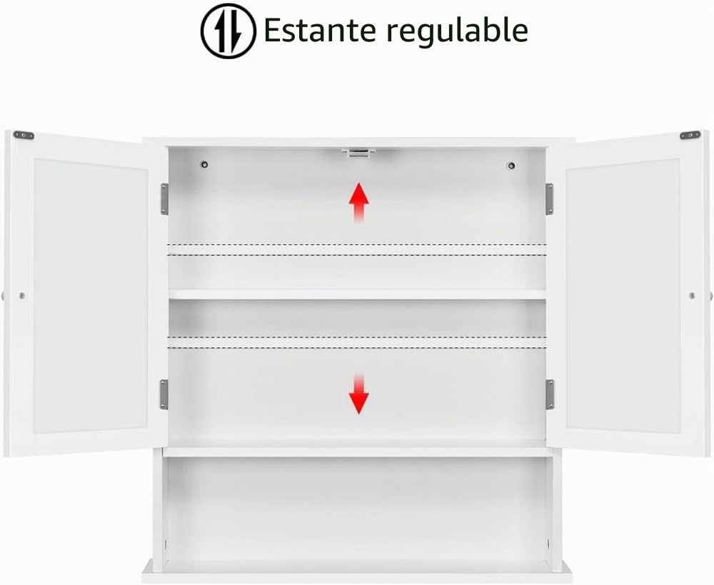 Yaheetech Armarios con Espejo para Baño Armario de Pared con 2 Puertas Mueble de Pared de baño Espejo con Estante Mueble para Baño Cocina 56×13×58cm Blanco