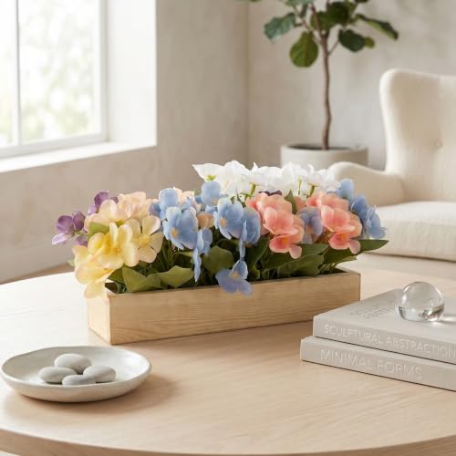 Image of Dekorly Artificial Hydrangea Flower Arrangement with Wooden Planter (24 CM) | Premium Realistic Floral Decor for Table & Living Room | Stylish Indoor Decor for Living Room