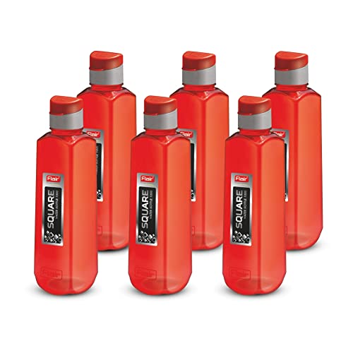 Image of Flair Square PET Water Bottles with Fliptop Lid Set of 6 Pcs 1000 ML (RED)