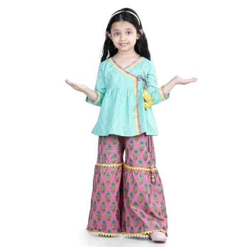 Image of BownBee Girls Cotton Kurti and Sharara Suit Set Round Neck, Angrakha Traditional Ethnic Dress, Front Open Kurta For Girl Kids, Suitable for All Festivals & Casual Wear