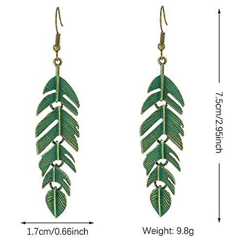Kafu Bohemian Feather Pendant Earrings Vintage Green Bronze Metal Light Declaration Leaf Earrings Fine Textured Pendant Earrings Women's (Green) #TOP1