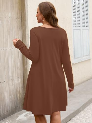 Image of AusLook Women's Plus Midi Dress Long Sleeve Crew Neck A-Line Swing Flowy Vacation Fall Wedding Guest Dresses with Pocket 1-5X