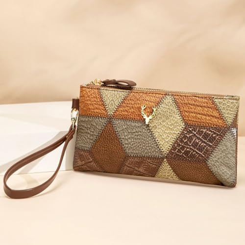 Fashion Small Square Handbag,Retro Color-Block Zipper Purse Wristlet Wallet PU Leather Pouch Large Capacity Clutch3