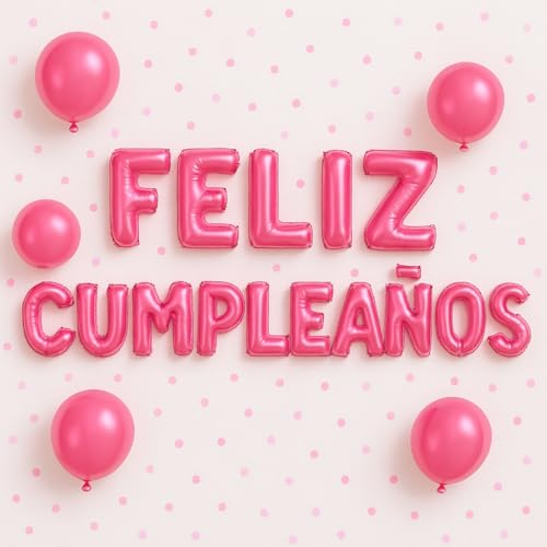 Globo Feliz Aniversário em Espanhol - 15 Letras Independentes de Alumínio - INCLUI canudo de inflar e fita da cor do balão - Inflável com Ar ou Hélio - (Rosa)