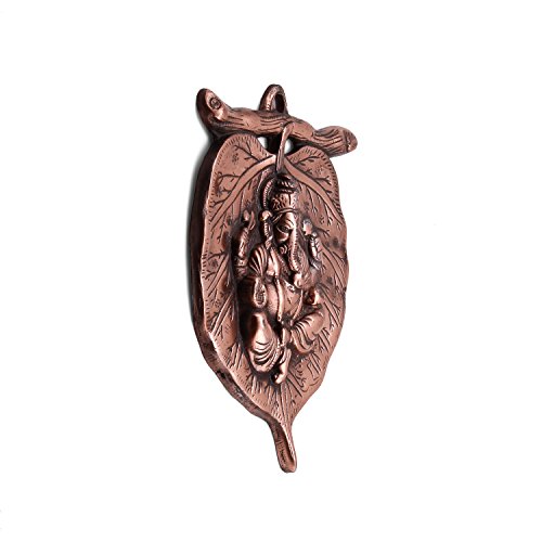 Image of Collectible India Ganesha Leaf Metal Wall Hanging Sculpture | Ganesh Idol Home Decor Ganpati on Leaf Lucky Feng Shui Wall Art