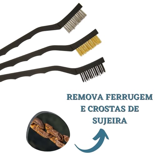 Kit 3 Escovas de Aço Multiúso 3 Pçs Escova Aço Nylon e Latão Para Limpeza com Cabo Plástico Jogo Esc