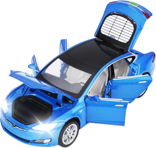 Image of Tesla Model 66063 1:32 Scale Alloy Diecast Model Metal Pull-Back Car with Sound Light and Opening Doors: A Kids' Toy Vehicle Gift (1:32 Tesla - Blue)