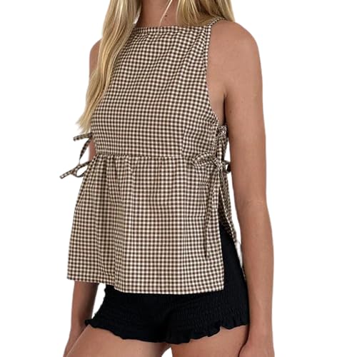Women Y2K Gingham Tank Top Coquette Spaghetti Strap Side Tie-up Peplum Camisole Summer Going Out Top Streetwear