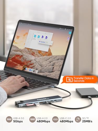 Image of CableCreation 8-in-1 USB C Hub Multiport (Lite Series),Type C Dongle Docking Station,4K@30HZ HDMI,USB A 2.0 /3.0 Ports,USB C 2.0 Ports,100Mbps RJ45 Ethernet,100W PD and SD /TF for iPhone 15 Pro Max