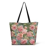 Jolamirel Rose Flower Travel Totes Bag Oil Painting Floral Large Zipper Eco Tote Bags with Pocket, French Rural Style Shoulder Tote Bag for Shopping Grocery, Beach Bag
