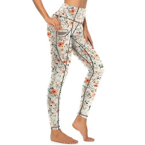 Legging imprimé fleurs roses : pantalon de yoga femme taille haute stretch avec poches sport