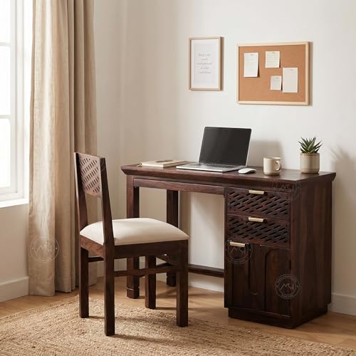 Image of NSH Solid Sheesham Wood Study Table with Chair | Wooden Writing Desk with Drawer & Door Storage | Pre-Assembled Computer Desk Workstation for Home Office & Study Room | Walnut Finish