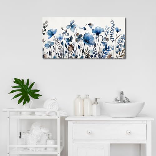Image of VEAEE Floral Wall Art, Abstract Indigo Flowers Canvas Pictures, Living Room Wall Decor, Modern Landscape Painting, Botanical Grass Artwork for Bedroom Bathroom Kitchen Office Wall Decor 20 inchx 40 inch