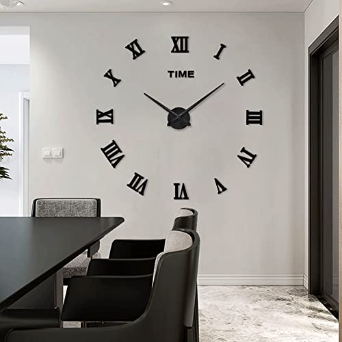 Image of Large DIY Wall Clock Kit, 3D Modern Frameless Wall Clock with Mirror Number Stickers for Home Living Room Bedroom Office Decoration-Black
