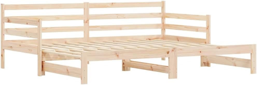 vidaXL Day Bed with Pull-out Bed in a natural wood finish, shown in a bedroom setting with white bedding.