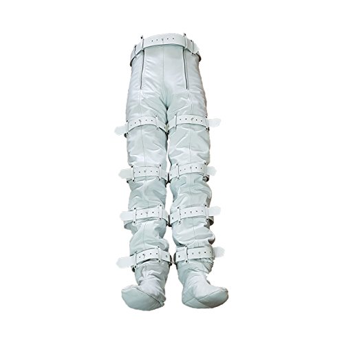 Men Real White Leather Locking Bondage Chastity Jeans with Rear Zip BLUF2