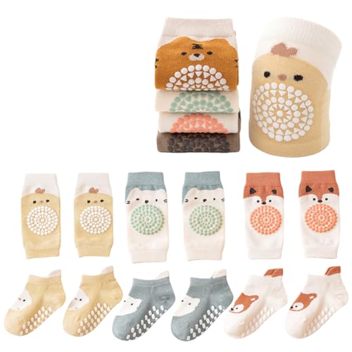 Feidoog Baby Crawling Anti-Slip Elastic 3 Pairs Knee Pads and 3 Pairs Socks Set,Toddler Knee Protector for Baby Kids Kneepads,Light Yellow+Blue+Orange,S 0-1 Year