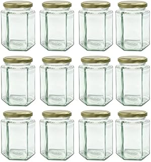 Nutley's 12 Hexagonal Glass Jam, Chutney, Preserve Jars + Gold Lids (280ml)