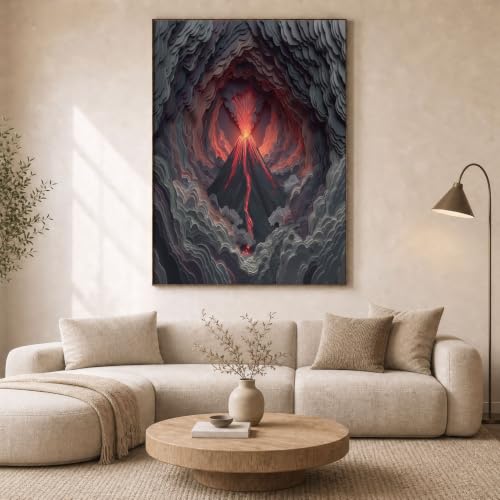 Tableau cadre noir volcan 3D 80x120 cm GLCWARM pour salon