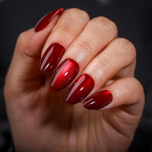 DMQ Red Cat Eye False Nails, 32Pcs Burgundy Glitter Press on Nails Short, Almond Wine Red Shimmer Fake Nails, Full Cover Glossy Stick on Nails with Glue for Women Girls DIY Nail Art Gifts