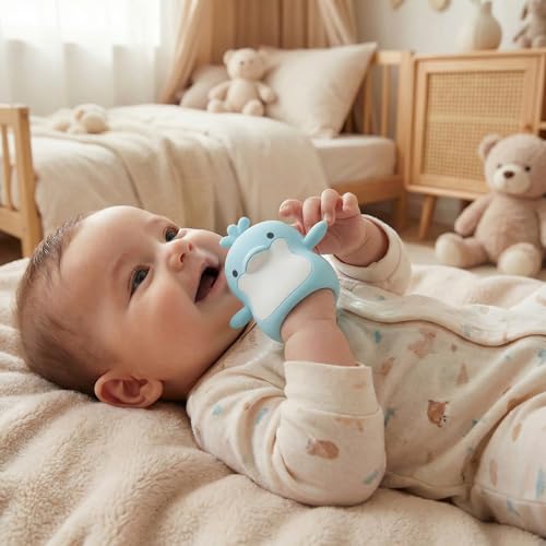 Image of Baby Teething Toys for 3-6 Months Silicone Teething Mittens for Babies Food Grade Silicone Teether (Dolphin+Blue Penguin)
