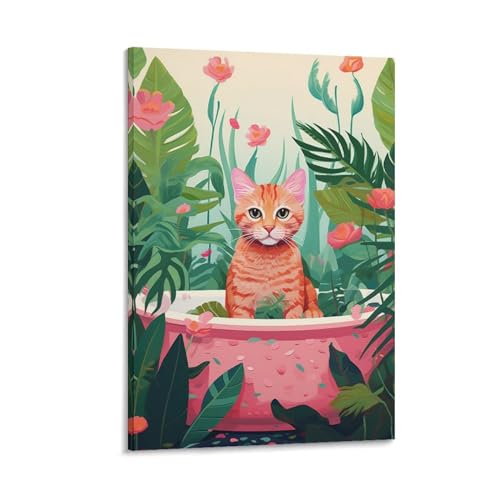 Affiche encadrée chat et plante aquarelle orange pour décorer un bureau ou une chambre
