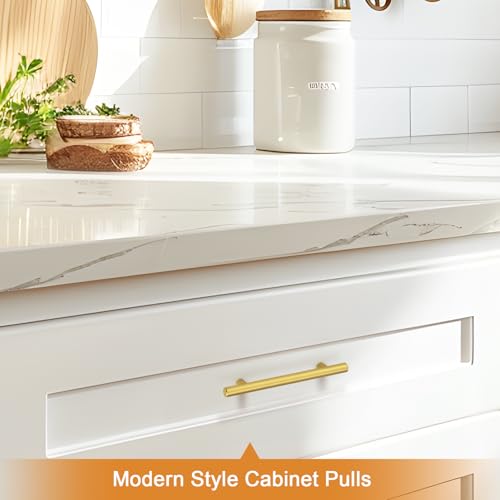 Image of Probrico 10 Pack 4 Inch Center-to-Center Kitchen Cabinet Pulls T Bar Gold Cabinet Handles Modern Drawer Hardware Dresser Pulls, 6-4 /5 Inch Total Length