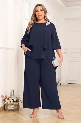 AOVDE Plus Size Pant Suits for Dressy Women Mother of Bride Pantsuits 2 Piece Outfits with Pockets for Wedding Guest2