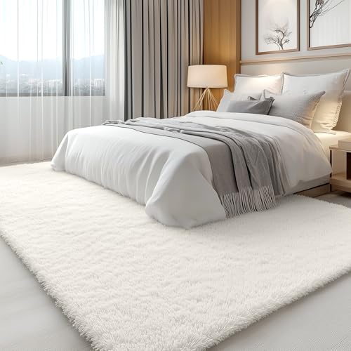 OLANLY 6x9 Machine Washable Large Area Rugs for Living Room, Bedroom, Soft Fluffy Shaggy Bedside Rug, Indoor Floor Carpet for Kids Girls and Boys, Dorms, Nursery, Home Decor Aesthetic, Ivory