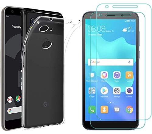 MYLBOO Funda Google Pixel 3A con Protector de Pantalla,[3 en 1] Funda Transparente TPU para teléfono móvil + [2 Pack] 9H Protector de Pantalla de Vidrio Templado para Google Pixel 3A